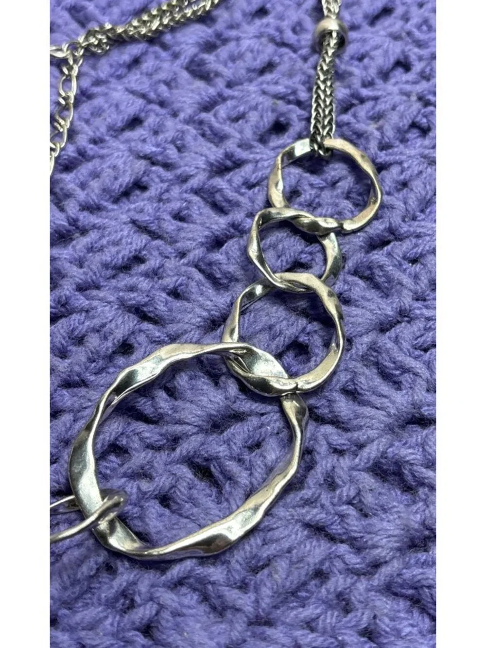 Chunky Silvertone Textured Necklace Double Chain Statement 34 - 37 inches Long